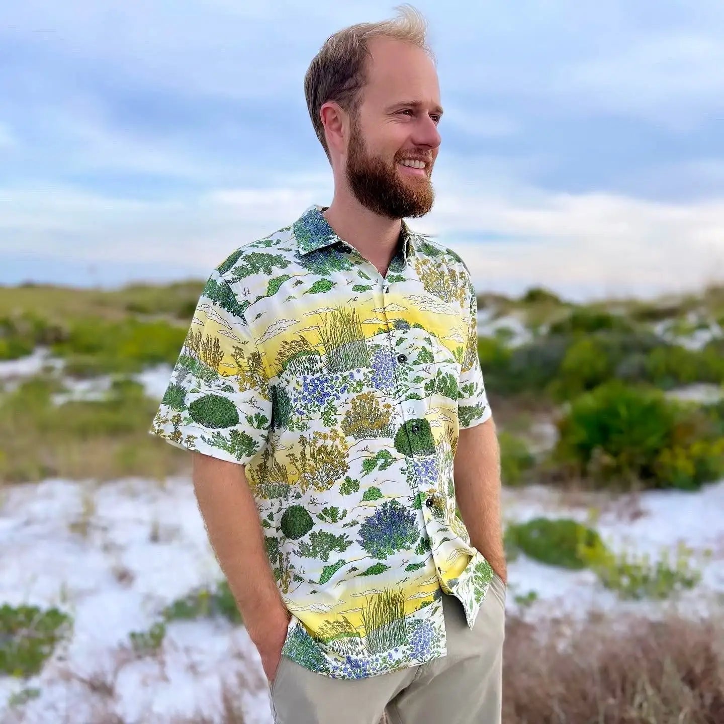 A man wearing the Coastal Dunes Floridian Shirt by Okihasi.
