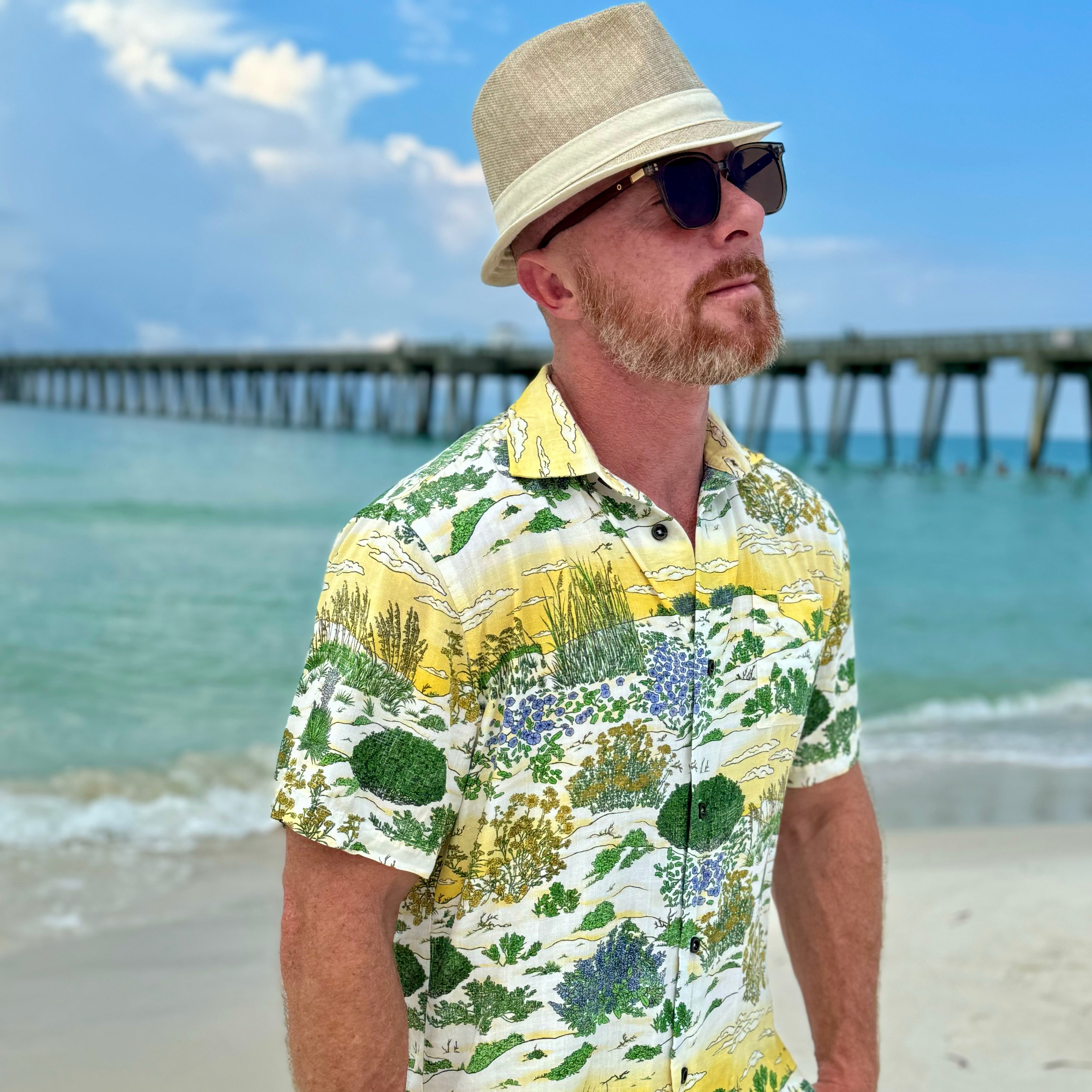 A man wearing the Coastal Dunes Floridian Shirt by Okihasi.