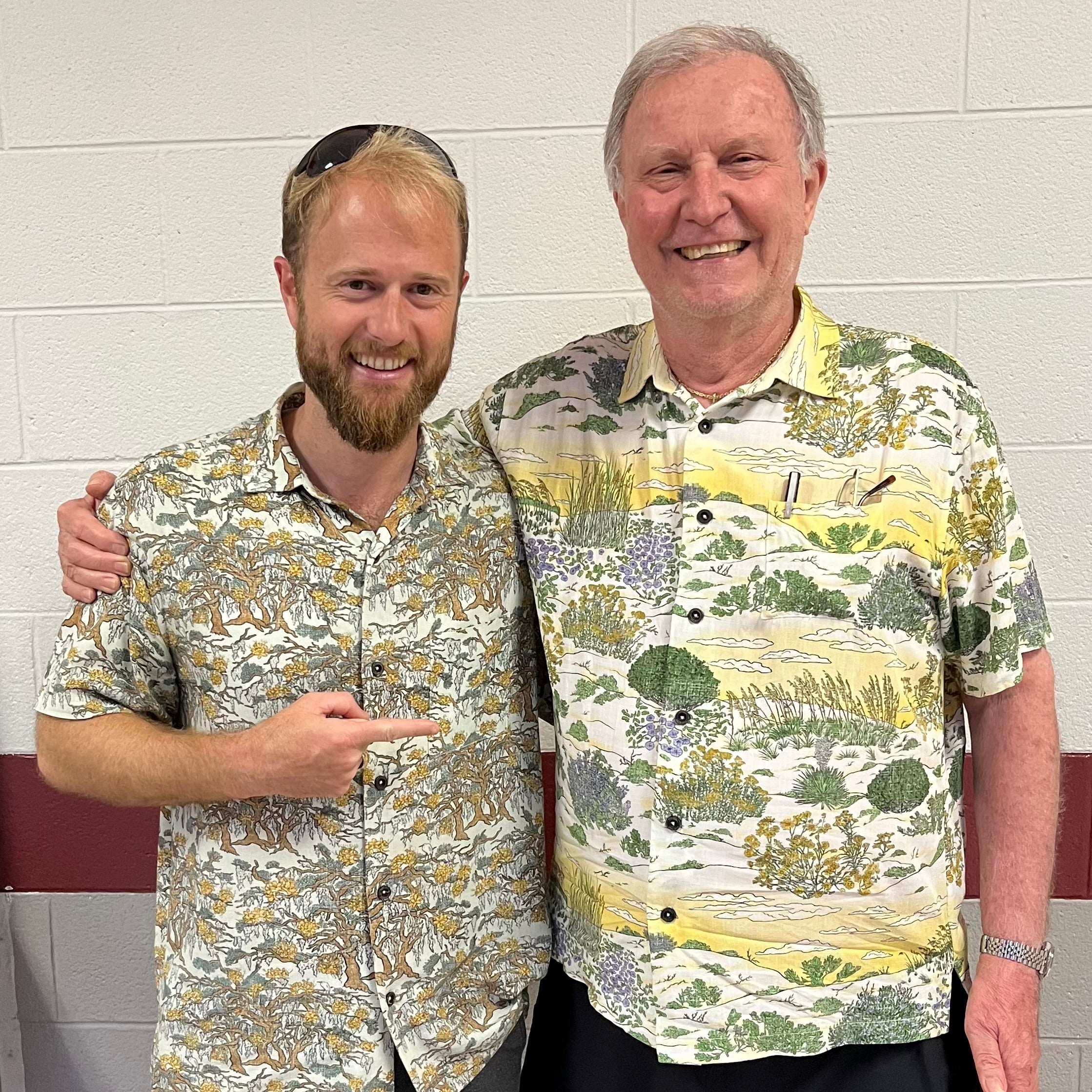 A man wearing the Southern Live Oak Floridian Shirt by Okihasi (left side), standing with another man on the right side.