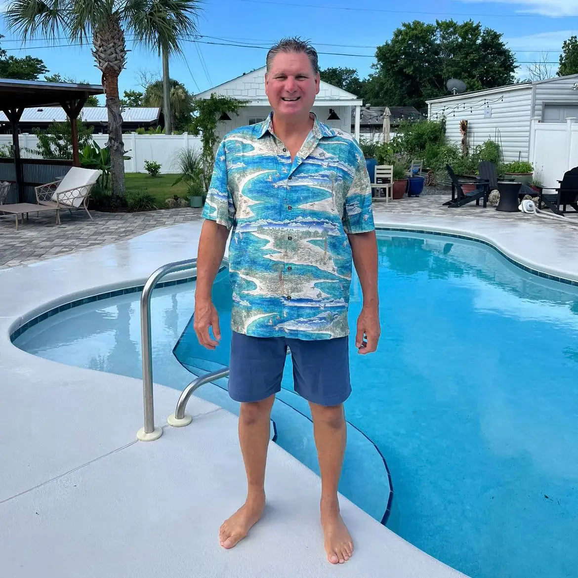 A man wearing the Barrier Island Floridian Shirt by Okihasi.
