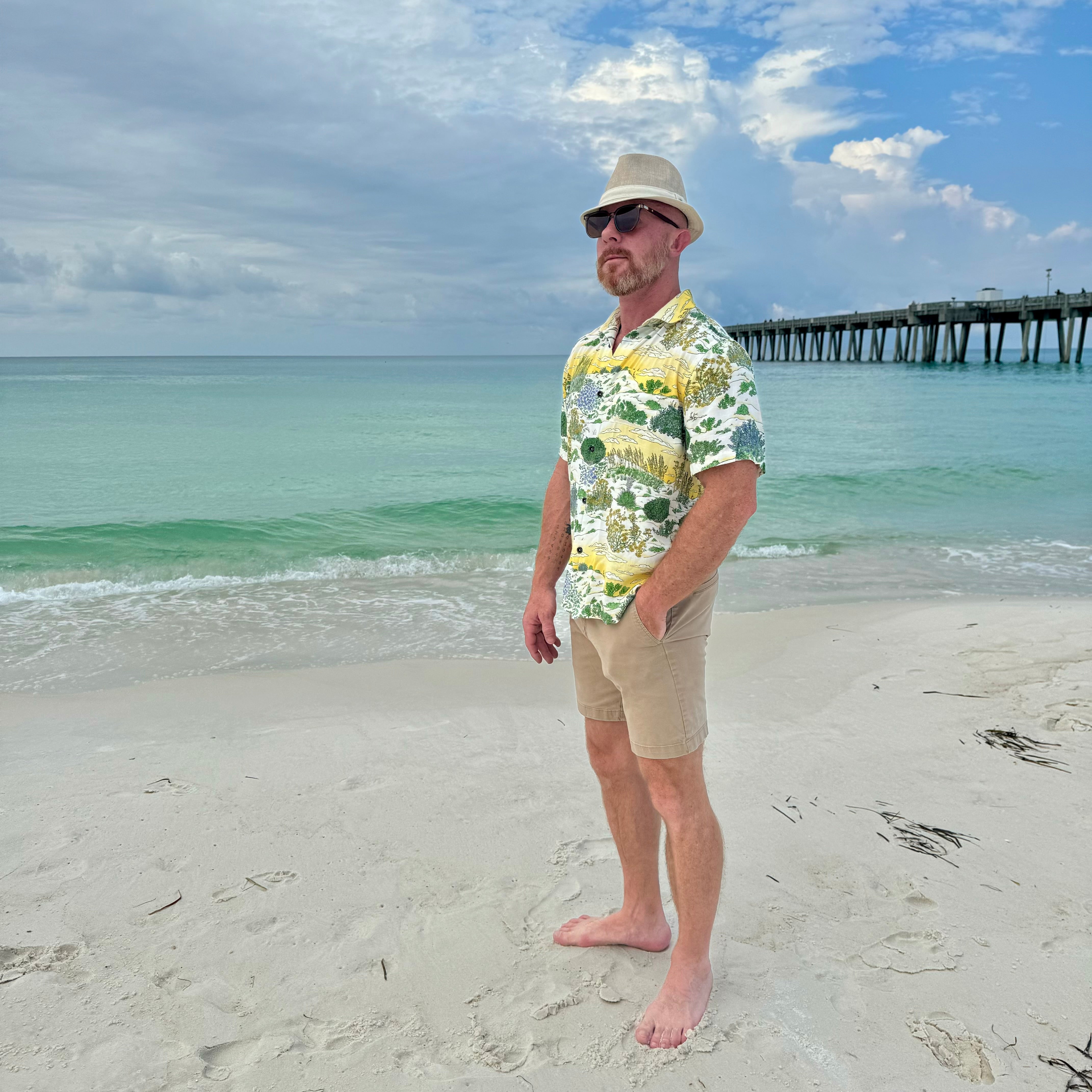 A man wearing the Coastal Dunes Floridian Shirt by Okihasi.