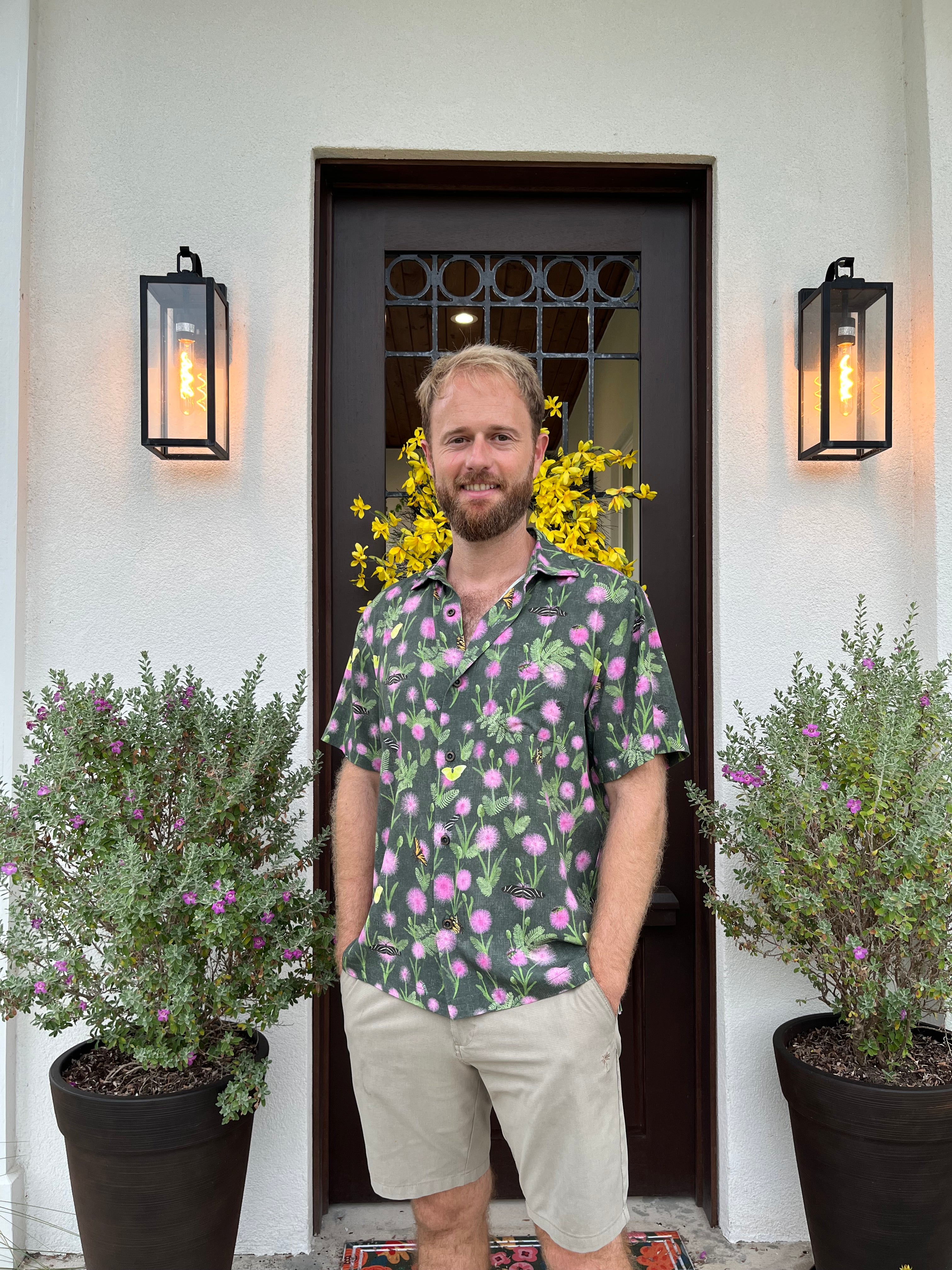 Man wearing the Sunshine Mimosa Floridian Shirt by Okihasi.