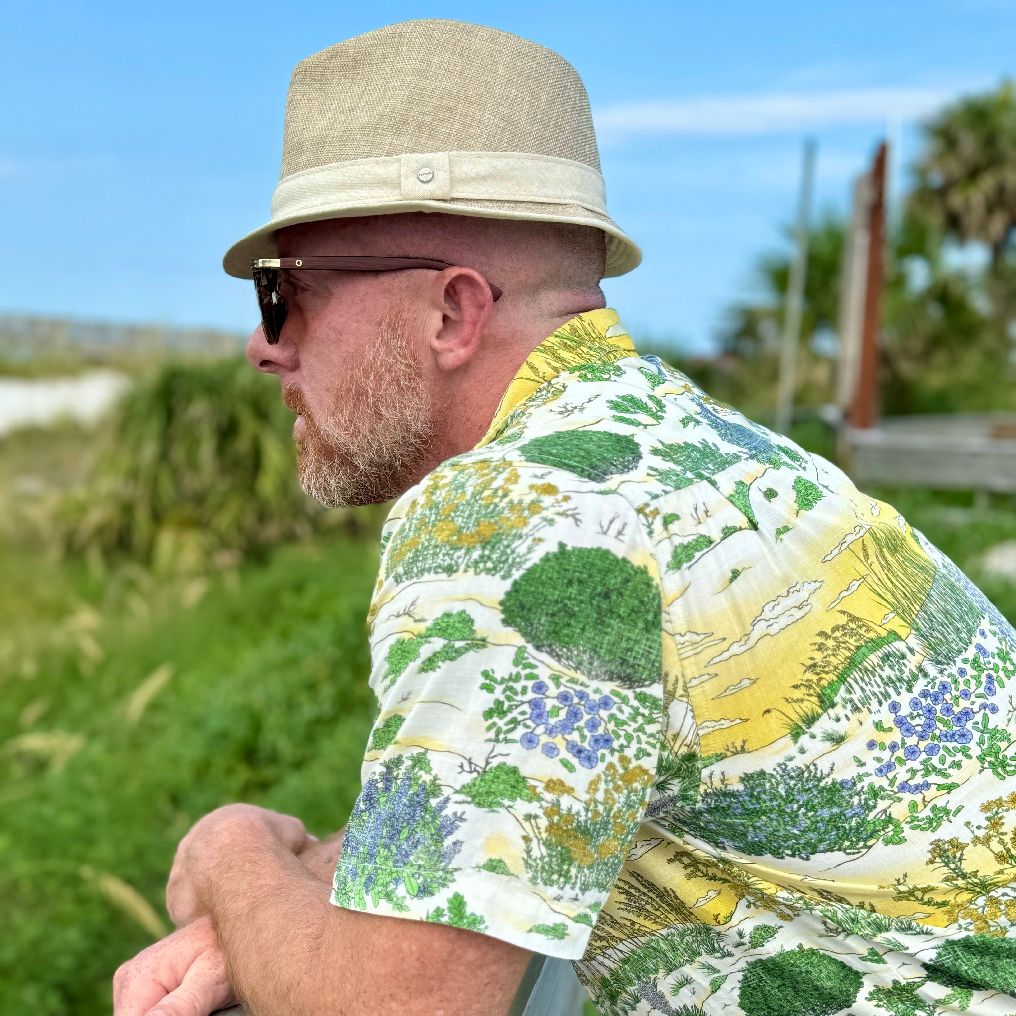 A man wearing the Coastal Dunes Floridian Shirt by Okihasi.