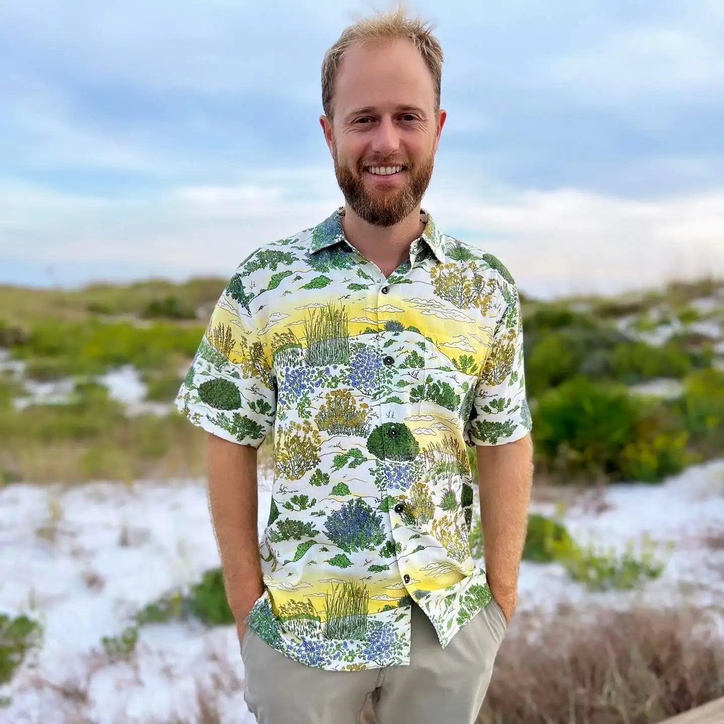 A man wearing the Coastal Dunes Floridian Shirt by Okihasi.