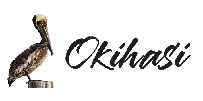 A logo with a Pelican on the left and the brand name Okihasi on the right.